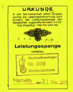 URKUNDE / in der Gemeinschaft einer Gruppe wurde die Leistungsbewertung zum Erwerb der Leistungsspange der Deutschen Jugendfeuerwehr mit Erfolg abgelegt. Hiermit wird die Leistungsspange verliehen.