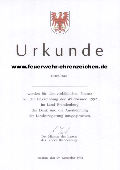 URKUNDE / Herrn/Frau xxx werden für den vorbildlichen Einsatz bei der Bekämpfung der Waldbrände 1992 im Land Brandenburg der Dank und die Anerkennung der Landesregierung ausgesprochen.
