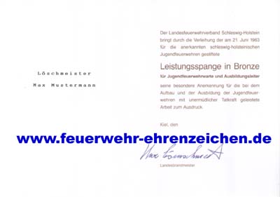 Der Landesfeuerwehrverband Schleswig-Holstein bringt durch die Verleihung der am 21. Juni 1963 für die anerkannten schleswig-holsteinischen Jugendfeuerwehren gestiftete Leistungsspange in Bronze für Jugendwarte und Ausbildungsleiter seine besondere Anerkennung für die bei dem Aufbau und der Ausbildung der Jugendfeuerwehren mit unermüdlicher Tatkraft geleistete Arbeit zum Ausdruck.