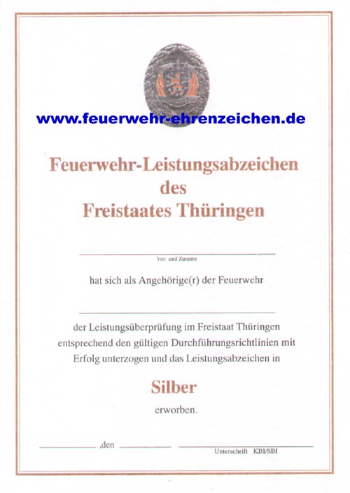 Feuerwehr-Leistungsabzeichen des Freistaates Thüringen/ xxxx hat sich als Angehörige(r) der Feuerwehr xxxx der Leistungsprüfung im Freistaat Thüringen entsprechend den gültigen Durchführungsrichtlinien mit Erfolg unterzogen und das Leistungsabzeichen in Silber erworben.