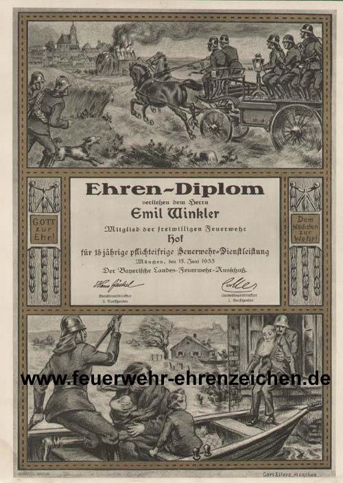 Ehren-Diplom verleihen dem Herrn Emil Winkler Mitglied der freiwilligen Feuerwehr Hof für 15 jährige pflichteifrige Feuerwehr=Dienstleistung / München, den 15. Juni 1933 / Der Bayerische Landes-Feuerwehr-Ausschuß