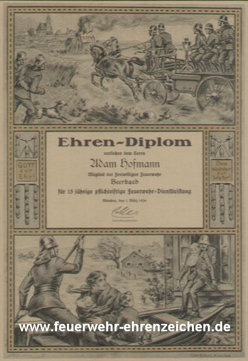 Ehren-Diplom verleihen dem Herrn Adam Hoffmann Mitglied der freiwilligen Feuerwehr Beerbach für 15 jährige pflichteifrige Feuerwehr=Dienstleistung / München, den 1. März 1936